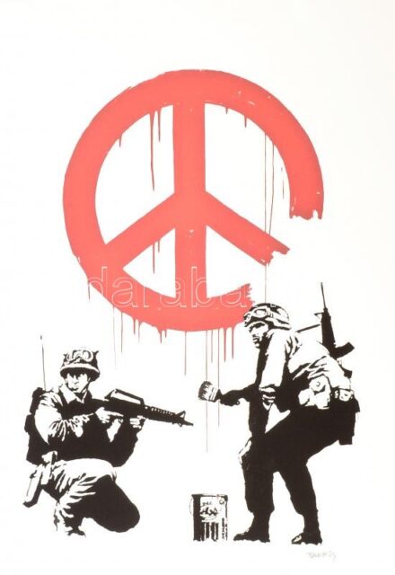 Banksy: Peace. Ofszet litográfia, papír, jelzett a nyomaton, 'POW Printmaking'szárazpecséttel Grafiart - Aviomar UK. tanúsítvánnyal Számozott: 68/150. Képméret:55x37 cm. Lapméret: 70x50 cm, / Numbered, marked