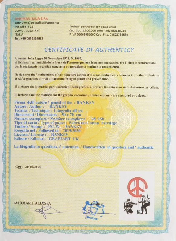 Banksy: Peace. Ofszet litográfia, papír, jelzett a nyomaton, 'POW Printmaking'szárazpecséttel Grafiart - Aviomar UK. tanúsítvánnyal Számozott: 68/150. Képméret:55x37 cm. Lapméret: 70x50 cm, / Numbered, marked - Image 4