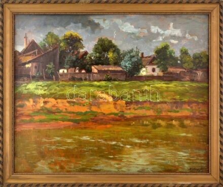 Szlányi Lajos (1869-1949): Szolnoki Tiszapart, 1924. Olaj, falemez, jelzett, kissé sérült. Dekoratív fakeretben, 56x70 cm