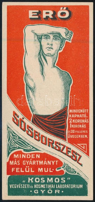 cca 1910 'Erő sósborszesz minden más gyártmányt felül mul', Győr, 'Kosmos Vegyészeti és Kosmetikai Laboratorium szecessziós számolócédulája, 13x6 cm