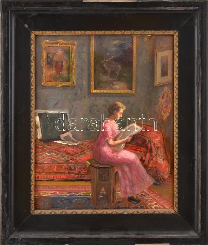 Beregi Sándor, Weiber Sámuel (1876-1943): Olvasó hölgy. Olaj, karton, jelezve balra lent. Dekoratív, sérült fakeretben, 46×38 cm