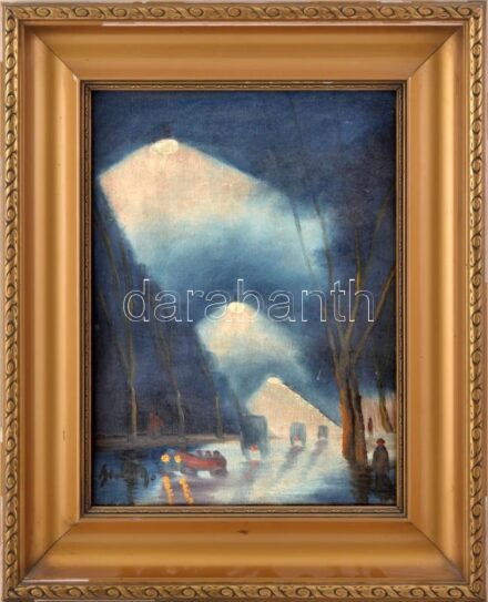 Olvashatatlan jelzélssel: Nagyvárosi fények. Olaj, vászon. Dekoratív, sérült fakeretben, 40×30 cm