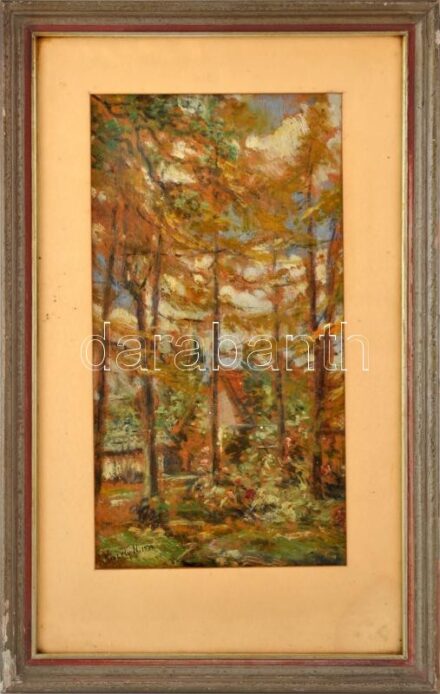 Kiszely Nándor József(1872-?), 1896-98 között Nagybányán tanult: Ház a fák mögött, 1939. Olaj, karton. Dekoratív, üvegezett, korabeli, kissé sérült fakeretben, 61×36 cm