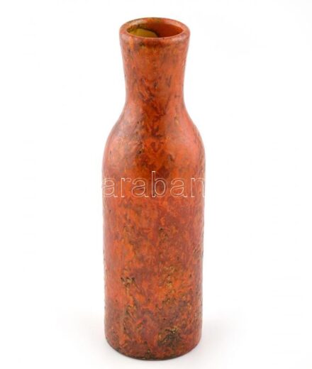 Hódmezővásárhelyi retró váza, színes mázakkal festett kerámia, jelzés nélkül, hibátlan, m: 30 cm, d: 9 cm