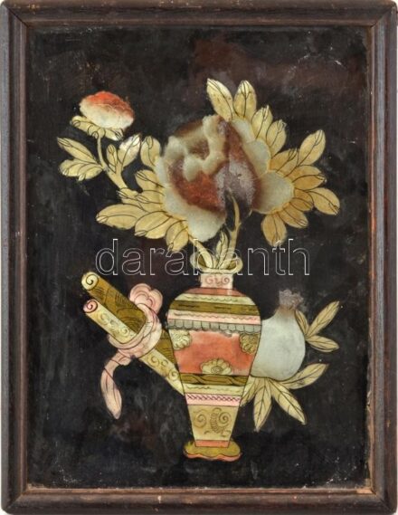 Csendélet, üvegre festett kép (Hinterglasmalerei), foltos, fakeretben, 39,5×29,5 cm