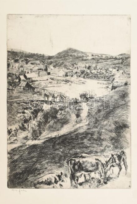 Aszódi Weil Erzsébet (1901-1976): Kis falu. Rézkarc, papír, jelzés nélkül, Aszódi Weil Erzsébet autográf címadásával, 39,5×28 cm