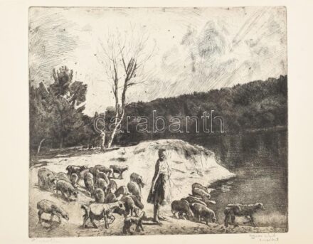 Aszódi Weil Erzsébet (1901-1976): Pásztorlány, rézkarc, papír, jelzett, 34,5×39,5 cm