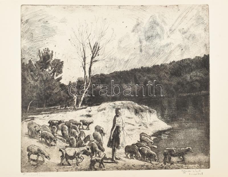 Aszódi Weil Erzsébet (1901-1976): Pásztorlány, rézkarc, papír, jelzett, 34,5×39,5 cm