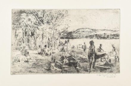 Aszódi Weil Erzsébet (1901-1976): Strandolók a Dunánál (cím nélkül). Rézkarc, papír, jelzett. 19,5×32,5 cm