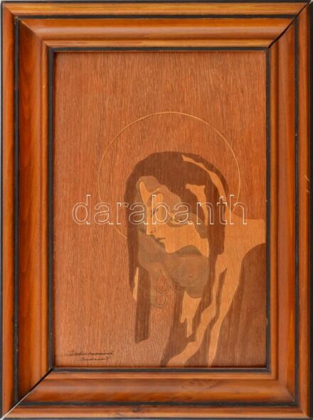 Dobos Andrásné (?-?), XX. sz. közepe: Szecessziós hölgy. Intarzia, falemez. Jelzett. Dekoratív, sérült fakeretben. 30x21 cm