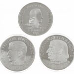 DN 3 darabos, a Német Szövetségi Köztársaság 5 márkás érméjének éremképével készített nagy méretű, COPY jelzésű másolat tétel, benne 1955. 5M 'Schiller halálának 150. évfordulója', 1957. 5M 'Joseph Freiherr von