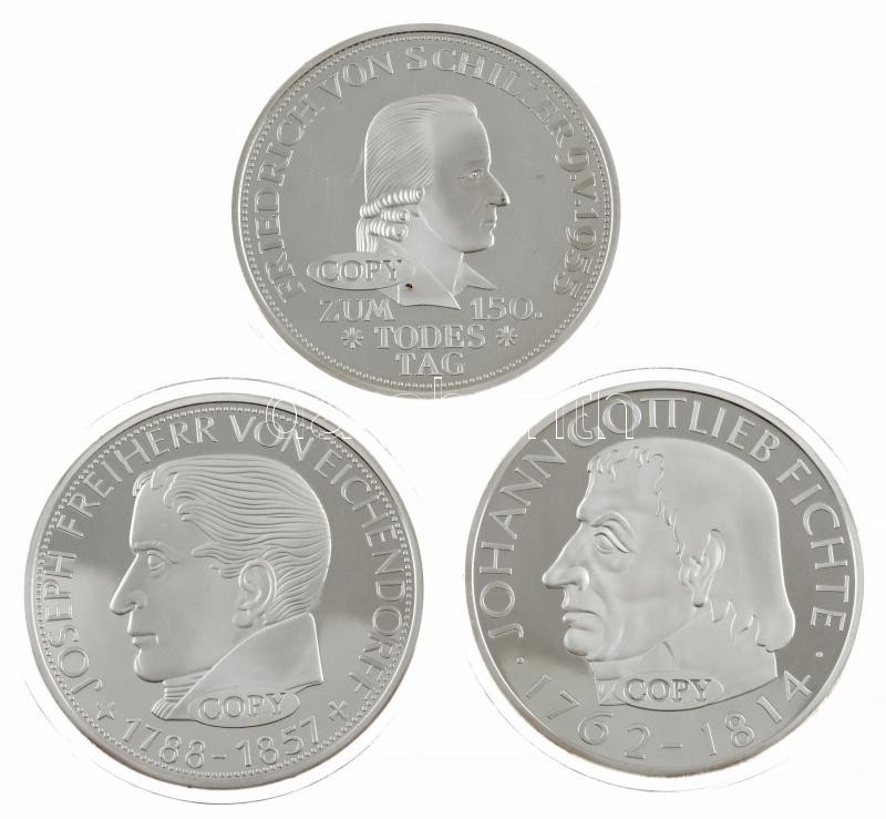 DN 3 darabos, a Német Szövetségi Köztársaság 5 márkás érméjének éremképével készített nagy méretű, COPY jelzésű másolat tétel, benne 1955. 5M 'Schiller halálának 150. évfordulója', 1957. 5M 'Joseph Freiherr von
