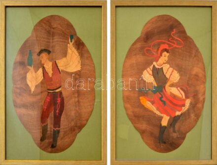 Dobos Andrásné (?-?), XX. sz. közepe, 2 db mű: Táncos és táncosnő. Intarzia, falemez. Jelzés nélkül. Dekoratív, üvegezett fakeretben. 35,5x24 cm
