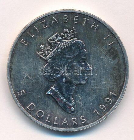 Kanada 1991. 5$ Ag 'II. Erzsébet / Juharlevél' (1oz/0.999) T:1-,2 patina, karc Canada 1991. 5 Dollars Ag 'Elizabeth II / Maple Leaf' (1oz/0.999) C:AU,XF patina, scratch Krause KM#163