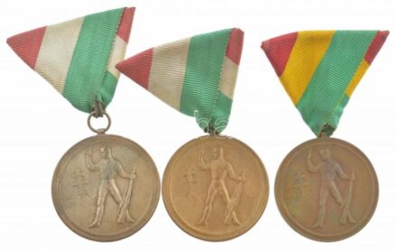 1936-1937. 'Budapesti Polgári Lövész Egyesületek' kétoldalas bronz díjérem (3xklf) egyik ezüstözött, mind mellszalagon (40mm) T:2,2- / Hungary 1936-1937. 'Budapesti Polgári Lövész Egyesületek' two-sided bronze medallion (3xdiff) one