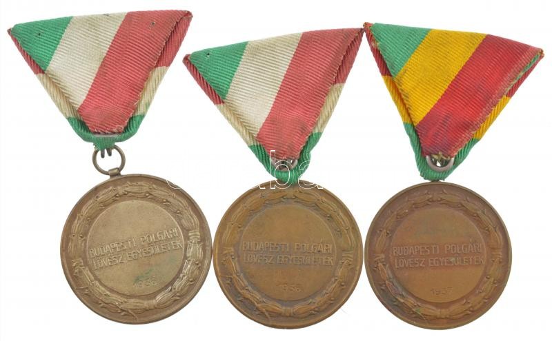 1936-1937. 'Budapesti Polgári Lövész Egyesületek' kétoldalas bronz díjérem (3xklf) egyik ezüstözött, mind mellszalagon (40mm) T:2,2- / Hungary 1936-1937. 'Budapesti Polgári Lövész Egyesületek' two-sided bronze medallion (3xdiff) one - Image 2