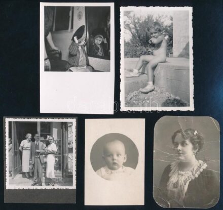 cca 1915-30 Beszterce/Bistritz/Bistrita, magyar család tagjairól készült össz. 9 db fotó, többségében névvel feliratozott, részben datált gyerekportréval, 2 db sérült 7×5 és 13x9 cm közörii méretekben /9 photos of a Hungarian