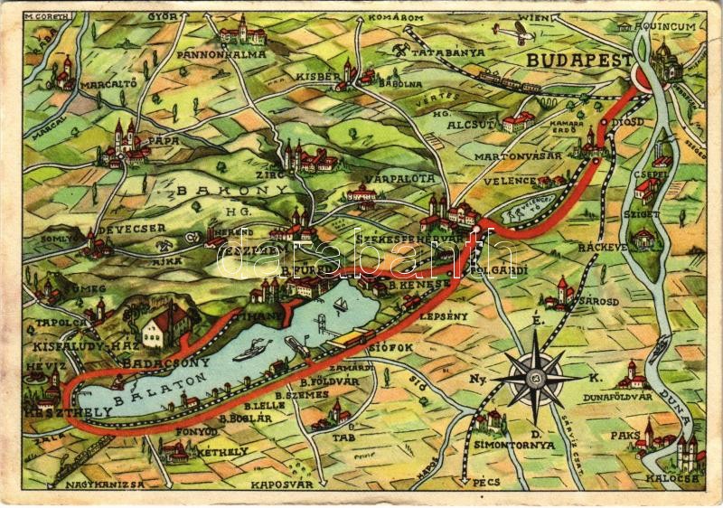 Balaton. Térkép útvonallal Budapestről (Klösz) s: M. Coreth (EK)