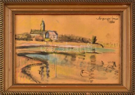 Nyergesi János (1895-1982): Dunapart, 1940. Vegyes technika, papír, jelzett. Dekoratív, üvegezett, kissé sérült fakeretben. 25x33 cm