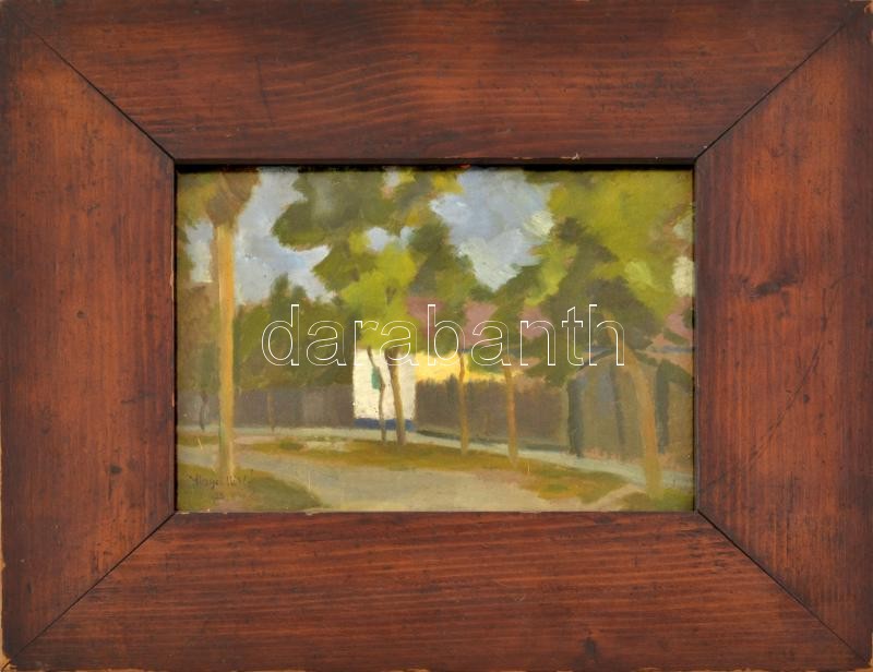 Mayer Miklós (1895-?): Utcarészlet. Olaj, papír, jelzett. Dekoratív, üvegezett, kissé sérült fakeretben. 17x24 cm