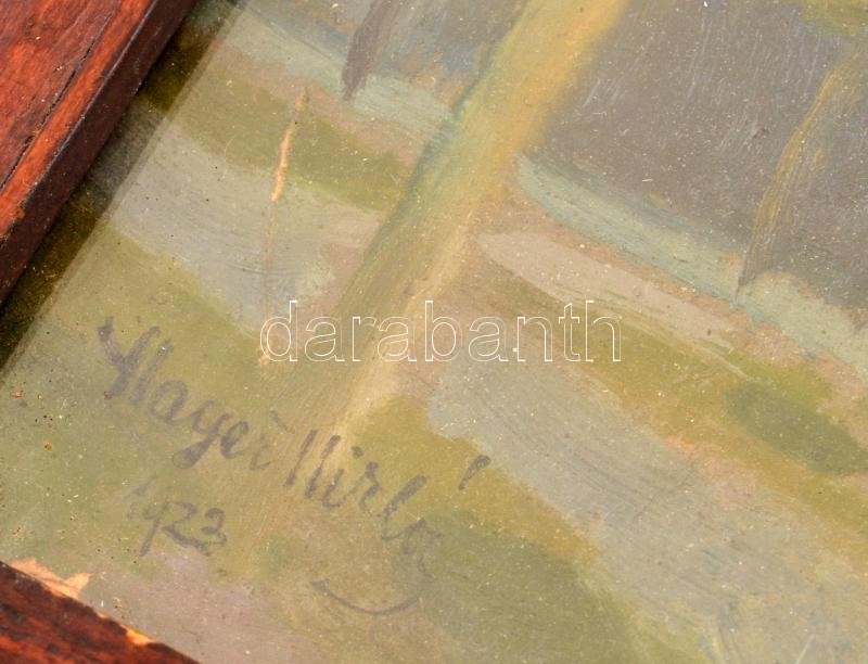 Mayer Miklós (1895-?): Utcarészlet. Olaj, papír, jelzett. Dekoratív, üvegezett, kissé sérült fakeretben. 17x24 cm - Image 2