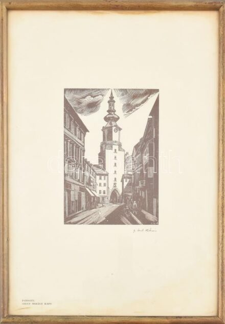 Gáborjáni Szabó Kálmán: Pozsony, Szent Mihály kapu. Fametszet, papír, jelzett a metszeten. A magyar kultúra tűzhelyei c. mappából (Budapest, 1935, Magyar Kulturális Egyesületek Szövetsége). 13x10 cm. Üvegezett fakeretben.