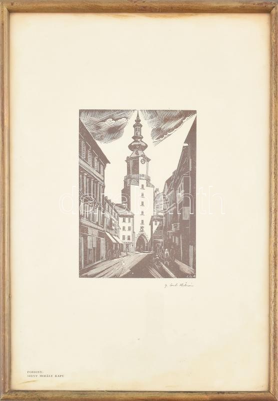 Gáborjáni Szabó Kálmán: Pozsony, Szent Mihály kapu. Fametszet, papír, jelzett a metszeten. A magyar kultúra tűzhelyei c. mappából (Budapest, 1935, Magyar Kulturális Egyesületek Szövetsége). 13x10 cm. Üvegezett fakeretben.