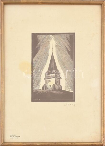 Gáborjáni Szabó Kálmán: Miskolc, Avasi torony (XIV. sz.). Fametszet, papír, jelzett am etszeten. Kissé foltos. A magyar kultúra tűzhelyei c. mappából (Budapest, 1935, Magyar Kulturális Egyesületek Szövetsége). 15x10 cm. Üvegezett
