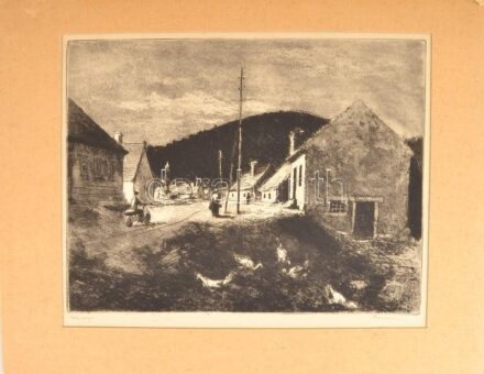 Konecsni György (1908-1970): Faluvégle, rézkarc, papír, jelzett, 29,5×38,5 cm