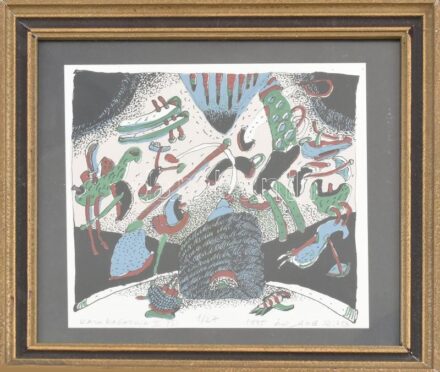 Borgó György Csaba (1950-): Kalokagathia II., 1995. Szitanyomat, papír, jelzett, számozott: 1/27, üvegezett fakeretben, 21x21 cm