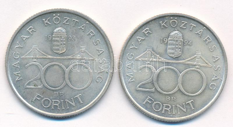 1993. 200Ft Ag 'MNB' + 1994. 200Ft Ag 'Deák' T:1-,2 patina Adamo F13, F13.1 - Image 2