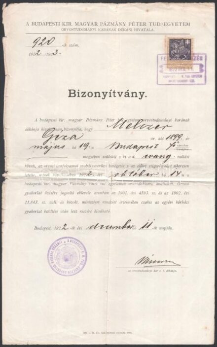 1922 Bp., a Pázmány Péter Tudományegyetem orvostudományi kara által kiállított orvosdoktori bizonyítvány, dékáni aláírással, pecséttel, 20K okmánybélyeggel, a lap széle kissé sérült