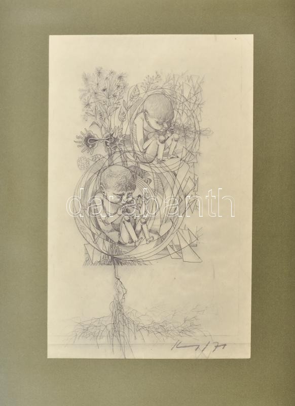 Kass János (1927-2010): Ikrek. Rézkarc, papír: Jelzett 22x13 cm