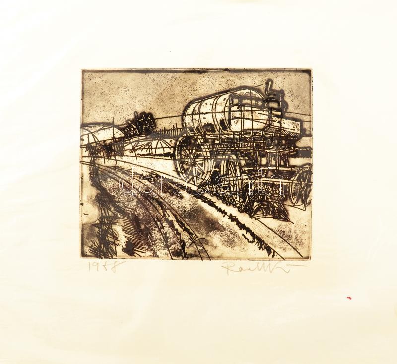 Raszler Károly (1925-2005): Menet vonat. Rézkarc, papír: Jelzett 12x15 cm