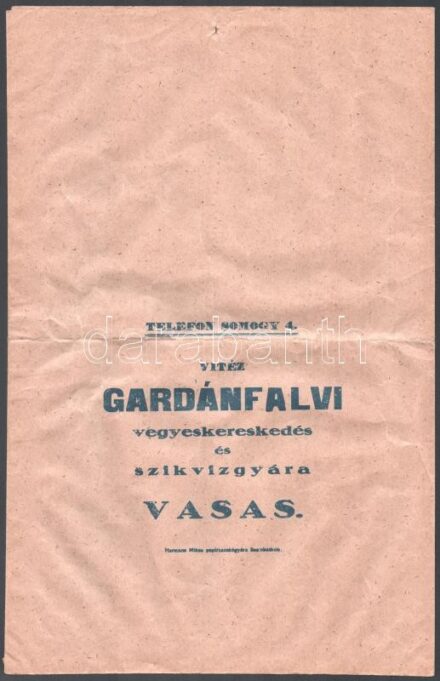 cca 1920-1930 vitéz Gardánfalvi vegyeskereskedés és szikvízgyára Vasas (Pécs) reklám papírzacskó. Szombathely, Hermann Miksa papírzacskógyára, 39x25 cm