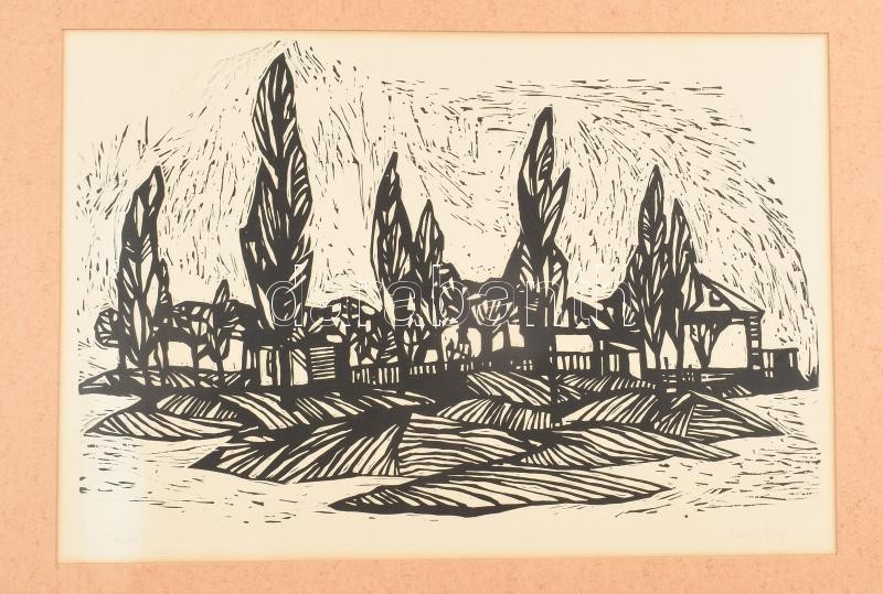 Fekete György (1947-): Tanya. Linómetszet, papír, jelzett, paszpartuban. 30x45,5 cm