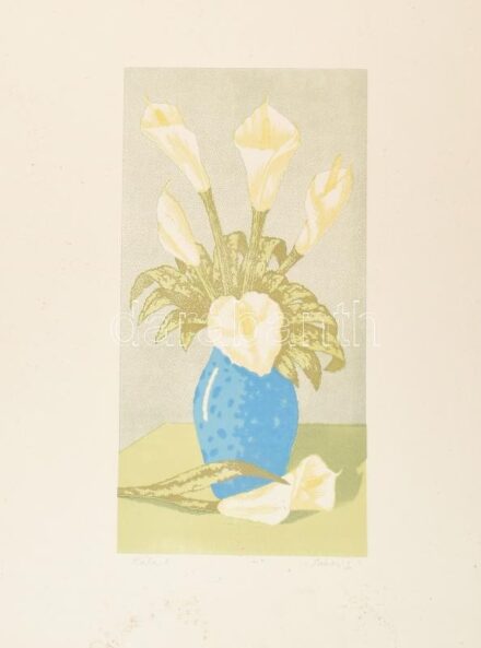 Jánosi Sándor (1927-1982): Kála. Színes linómetszet, papír, jelzett, kartonra kasírozva, kissé foltos. 35,5×18 cm