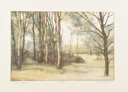 Keleti Jenő, ifj. (1943-1999): Őszi fények. Linómetszet, papír. Jelzett, számozott (100/97), bal alsó sarkában kissé foltos, 20x30 cm