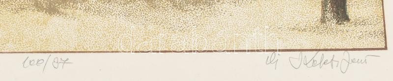 Keleti Jenő, ifj. (1943-1999): Őszi fények. Linómetszet, papír. Jelzett, számozott (100/97), bal alsó sarkában kissé foltos, 20x30 cm - Image 2