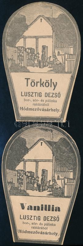cca 1930 Lusztig Dezső Hódmezővásárhely 'Törköly' és 'Vanillia' italcímkék