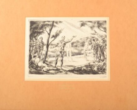 Szőnyi István (1894-1960): Árkádia. Rézkarc, papír. Hátoldalán 'Szőnyi István hagyatéka' bélyegzővel. Paszpartun 'Szőnyi István hagyatéki anyaga 17/50' felirattal és számozással. 20×27 cm