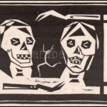 Póka György (1944 - ): Koponyák. Linómetszet, papír. Jelzett, 17x23 cm - Image 2