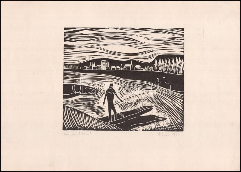 Póka György (1944 - ): Horgász. Linómetszet, papír. Jelzett, 18x21 cm