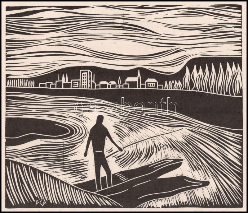 Póka György (1944 - ): Horgász. Linómetszet, papír. Jelzett, 18x21 cm - Image 2