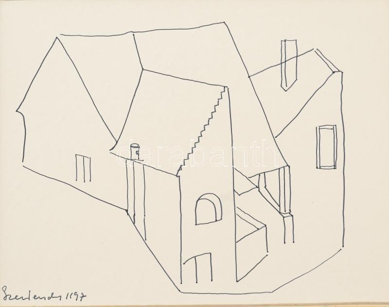 Fett Jolán (1927-2009): Szentendre. Tus, papír, paszpartuban, jelzett, 14x19 cm - Image 2