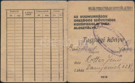 1919 Az Ifjúmunkások Országos Szövetsége Középiskolai Diákalosztálya tagsági könyv