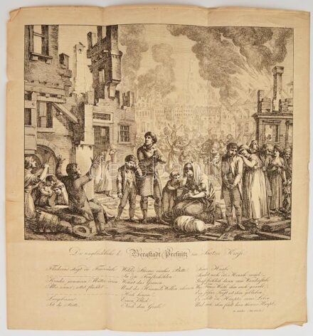 1811 Die unglückliche Bergstadt Presnitz im Saatzer-. Kreise. Rézmetszet, papír, jelzett. 39x37 cm Small tears