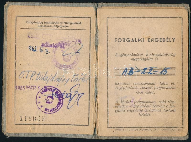 1962 Gépjármű forgalmi engedély