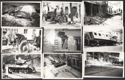 1956 17 db fotó a forradalom idejéből, Budapesti helyszínek, többségében a hátoldalán feliratozott (Reviczky u., József krt.-Krúdy u. sarok, Üllői út, Széna tér, stb.), jelzés nélkül, 12x9 cm
