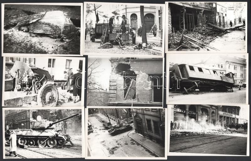 1956 17 db fotó a forradalom idejéből, Budapesti helyszínek, többségében a hátoldalán feliratozott (Reviczky u., József krt.-Krúdy u. sarok, Üllői út, Széna tér, stb.), jelzés nélkül, 12x9 cm